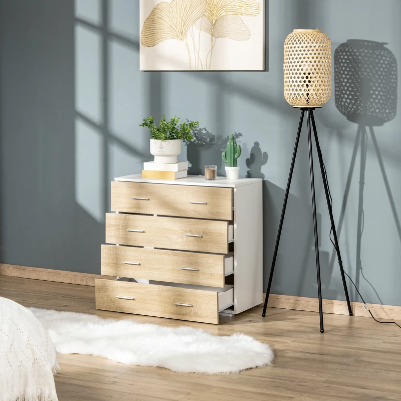 HOMCOM Cómoda com 4 Gavetas Cómoda Auxiliar de Armazenamento Moderna para Dormitório Corredor Sala de Estar 76x35x72cm Carvalho e Branco