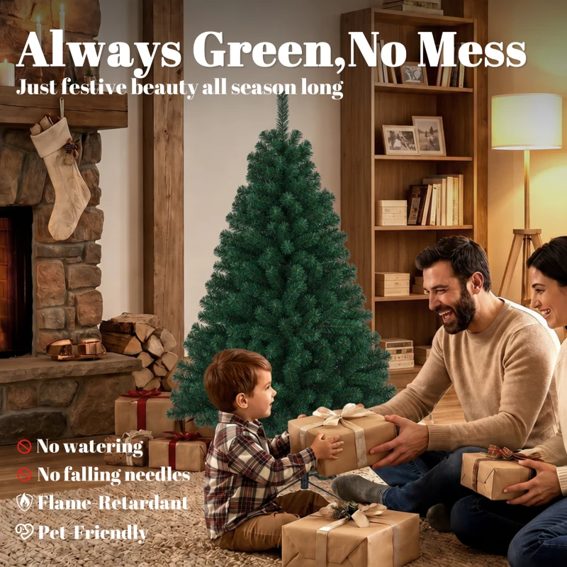 HOMCOM 5ft Artificial Christmas Tree, Fir Hinged Xmas Tree with 420 Branch Tips, Foldable Steel Stand, Green