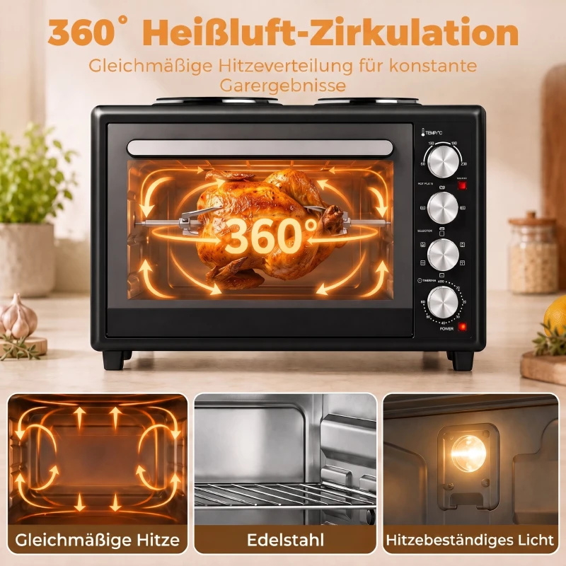 HOMCOM 36 l mini piekarnik z 2 płytami grzewczymi, elektryczny piekarnik stołowy z termoobiegiem, 90–230 °C