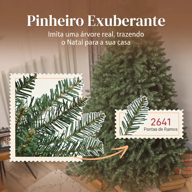 HOMCOM Árvore de Natal Artificial 210 cm com 2641 Ramos e Base Metálica Dobrável Realista e Frondosa Verde