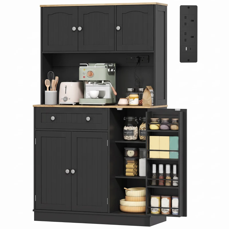 HOMCOM 173 cm Tall Kitchen Cupboard with Charging Station, Pantry Storage Cabinet with Adjustable Shelves and 4 Door Racks