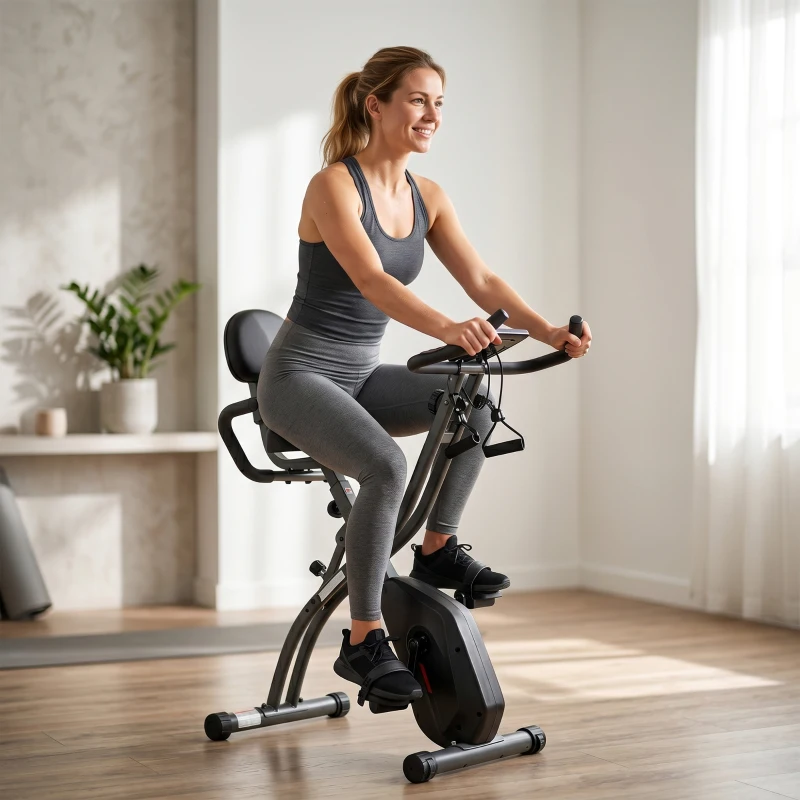 SPORTNOW 3-in-1 Opvouwbare Hometrainer Fiets Stil Lig-ergometer met LCD Monitor Bluetooth Hartslagmeter Weerstandsband