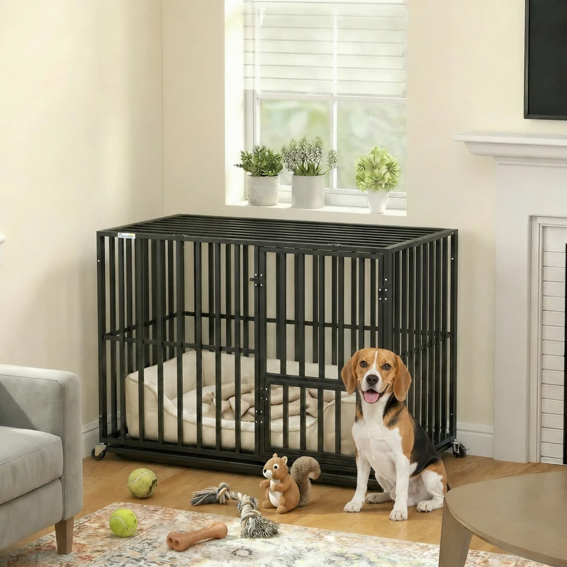 PawHut Heavy Duty Dog Crate, Dog Cage with Wheels for Small Medium Breeds, Metal Pet Kennel with Removable Tray