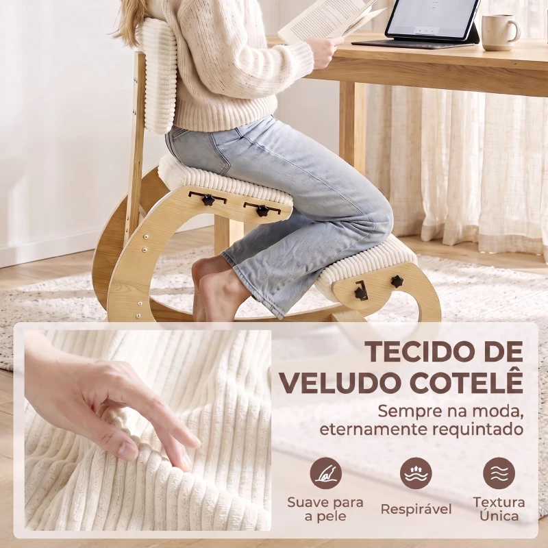 HOMCOM Cadeira de Joelhos Ergonómica com Encosto, Apoio para Joelhos e Bombazina Creme