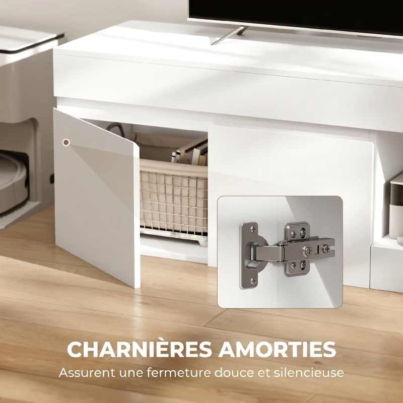 HOMCOM Meuble TV 2 portes pour téléviseurs jusqu'à 60 pouces, meuble télé avec placard et étagère ouverte, blanc