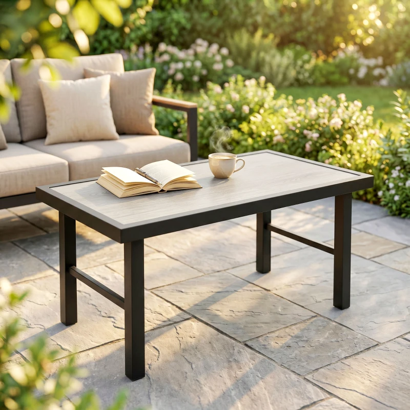 Outsunny Metal Garden Coffee Table, Outdoor Side Table with SPC Woodgrain Tabletop for Outside, Garden, Balcony, Porch, 100 x 53 x 46cm, Grey