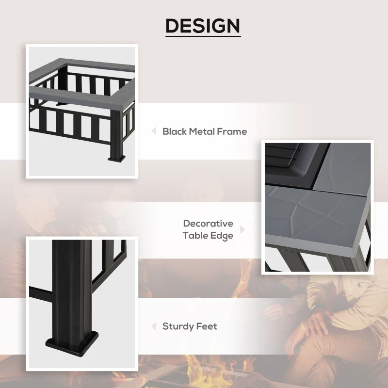 Outsunny Metal Large Firepit Outdoor Square Fire Pit Brazier with Rain Cover, Lid, Log Grate, Poker for Backyard, Camping, BBQ, Bonfire, Wood Burning Stove, 86 x 86 x 54cm, Black
