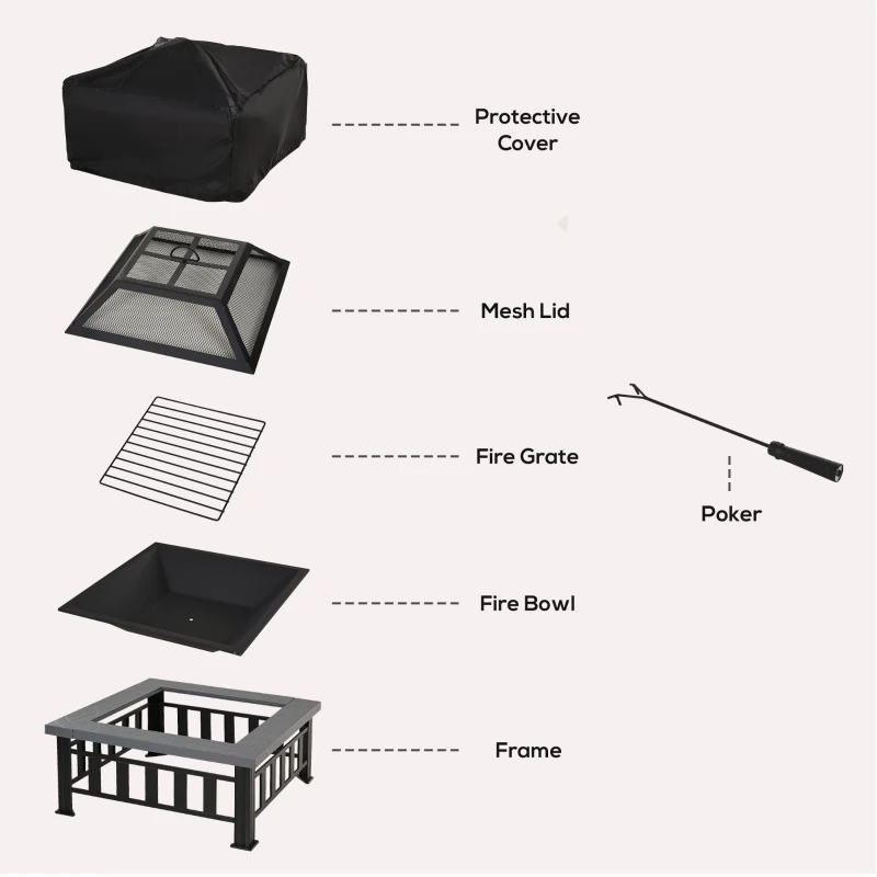 Outsunny Metal Large Firepit Outdoor Square Fire Pit Brazier with Rain Cover, Lid, Log Grate, Poker for Backyard, Camping, BBQ, Bonfire, Wood Burning Stove, 86 x 86 x 54cm, Black
