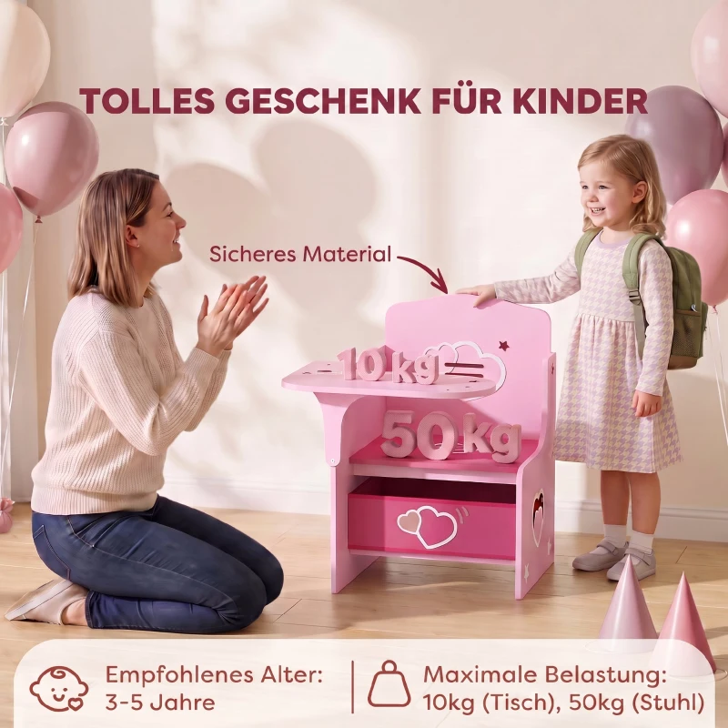 AIYAPLAY Kindertisch mit Stuhl 2-in-1 Integrierte Kindersitzgruppe mit Stauraum Platzsparend für Kinder 3-5 Jahren Rosa