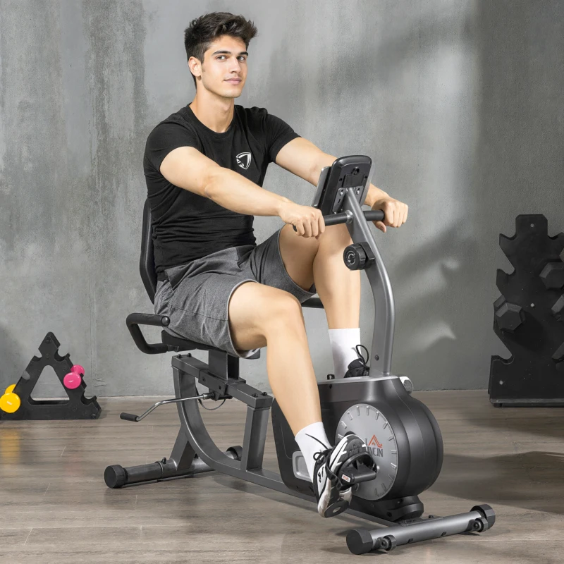 HOMCOM Bicicleta Estática com Encosto com 8 Níveis de Resistência Magnética Comprimento Ajustável Ecrã LCD 122-137x62x103 cm Cinza