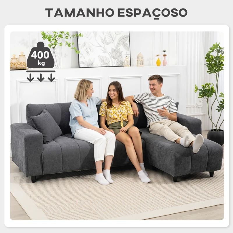 HOMCOM Sofá Chaise Longue Reversível 3 Lugares com 2 Almofadas Estofado em Linho e Estrutura em Aço 242x156x87 cm Cinzento Escuro
