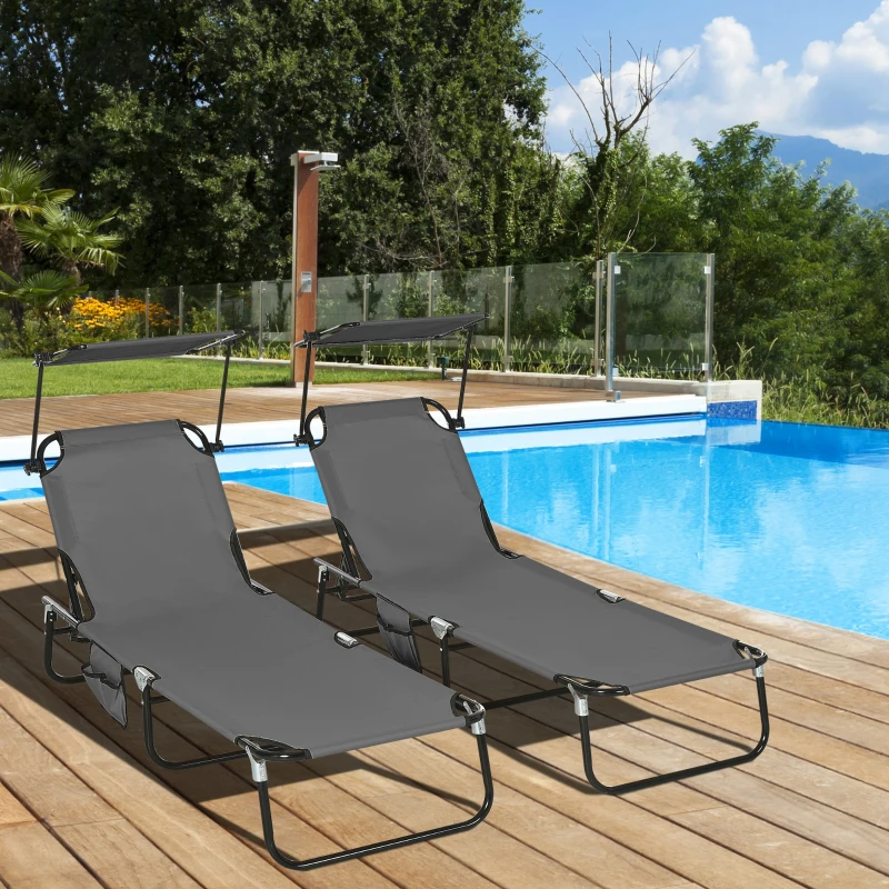 Outsunny Set of Two Folding Sun Loungers, with Adjustable Backs and Sun Canopies - Grey