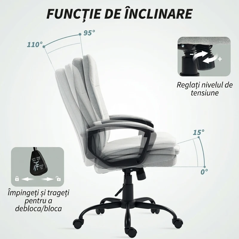 HOMCOM Scaun de Birou Ergonomic cu Spătar Înalt, Înălțime Reglabilă, Funcție de Leagăn și Brațe, 63x70x102-112 cm, Gri