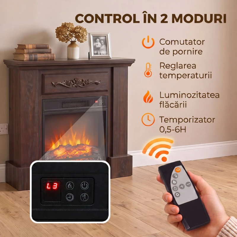 HOMCOM Șemineu Electric cu Efect Flacără Realistă, Telecomandă, Timer, Termostat, 1800W, 80,7x22,5x76,5 cm, Maro