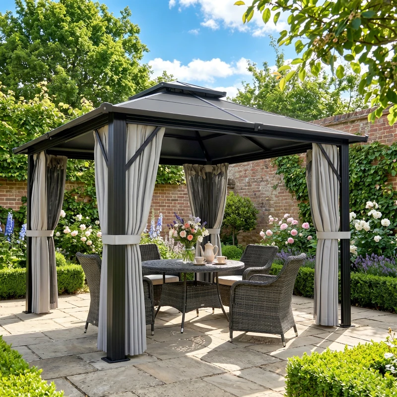 Outsunny 3 x 3(m) Hardtop Gazebo Canopy with UPF30+ Double Polycarbonate Roof, Aluminium Frame Garden Gazebo Permanent Pavilion with Mosquito Netting and Curtains for Patio, Deck, Grey
