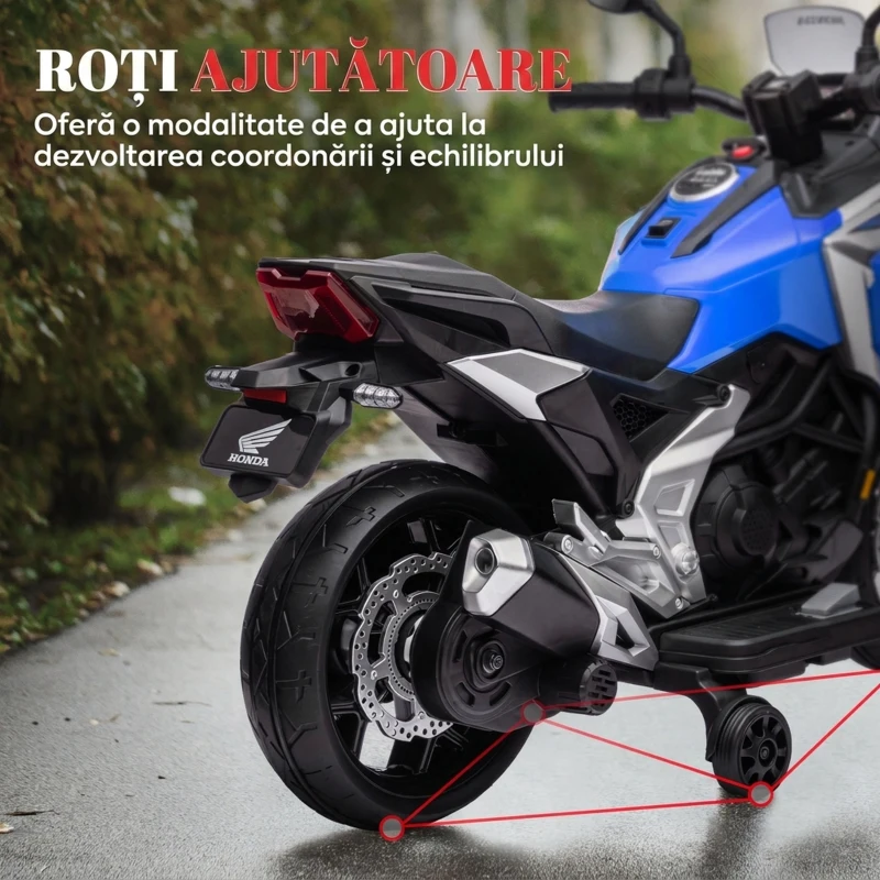 AIYAPLAY Motocicletă Electrică Copii, Licențiată Honda, Faruri Roți Antrenament, Albastră