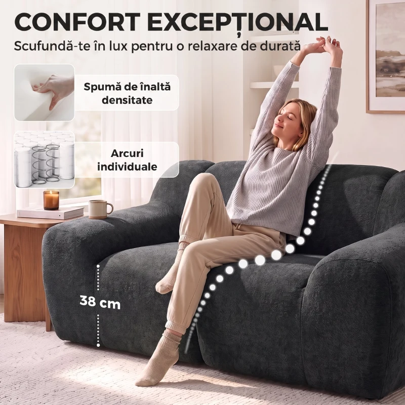 HOMCOM Canapea 2 Locuri din Chenille Fără Structură, cu Șezut Larg și Brațe Largi, 174x91x61 cm, Gri Închis