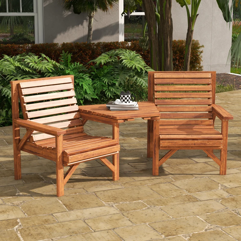 Outsunny Wooden Garden Love Seat w/ Coffee Table Umbrella Hole, Tan Brown