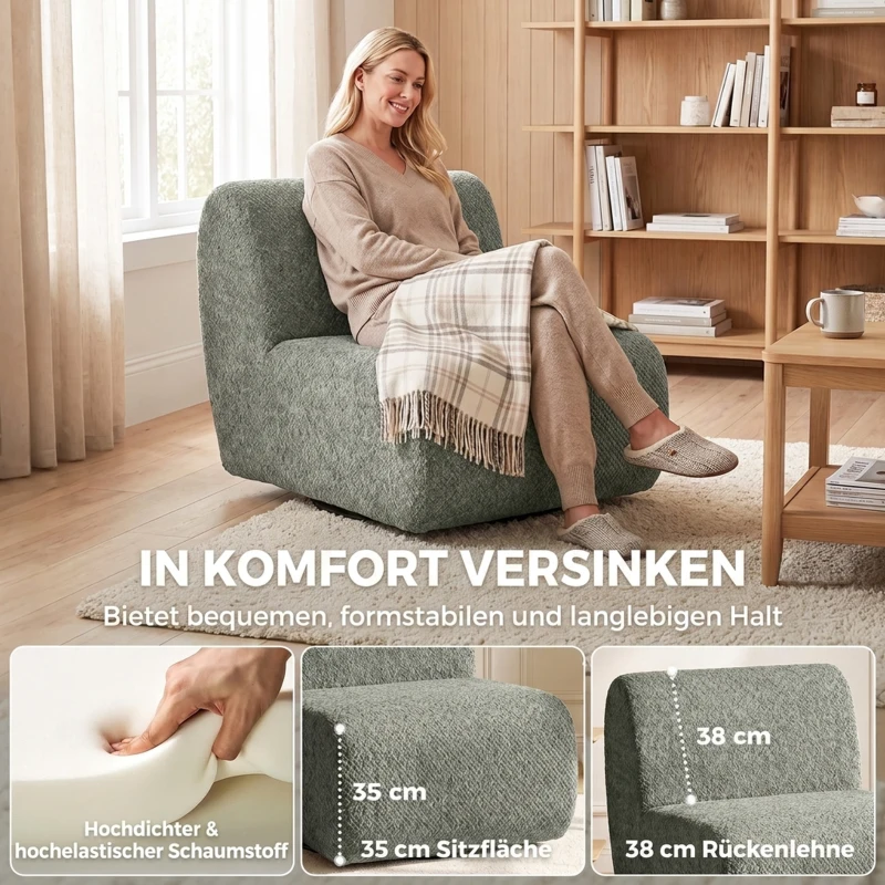 HOMCOM Sessel Drehbarer Loungesessel mit Chenille-Optik, Breiter Sitzfläche, für Wohnzimmer, Schlafzimmer, Grau