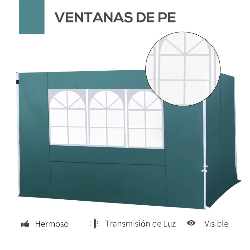 Outsunny 2 Paredes Laterales para Carpas de 3 x 3 m, 300x200 cm, Paredes Laterales de Repuesto para Cenador de Tela Oxford con Ventana, para Jardín, Exteriores, Fiestas, Verde Oscuro