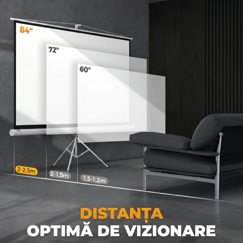 HOMCOM Ecran Proiector 84 Inch cu Trepied Reglabil, din Plastic și Metal, 200x8x118 cm, Alb