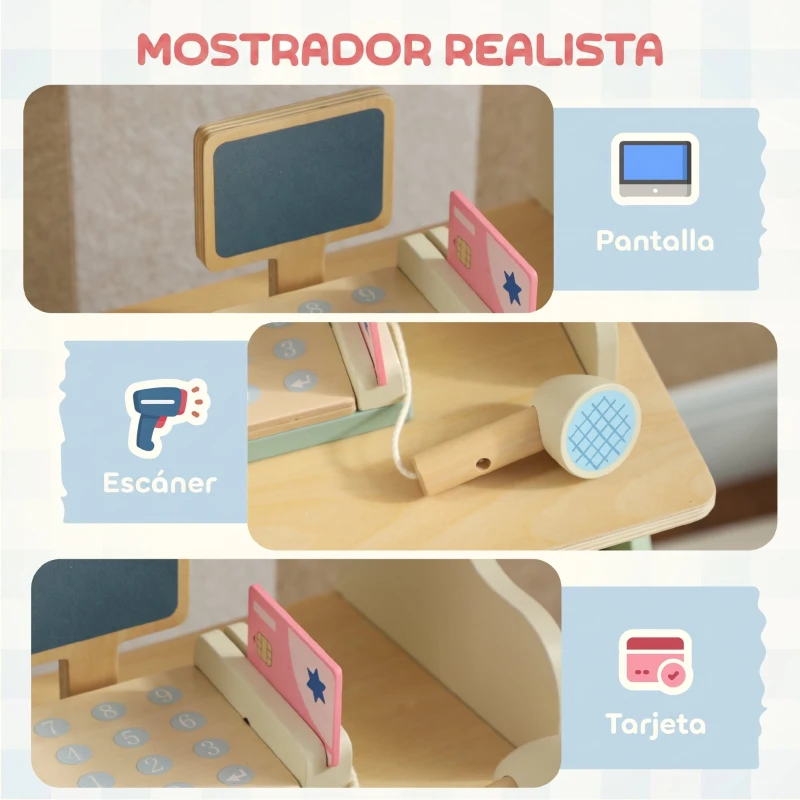 AIYAPLAY Supermercado de Juguete de Madera Caja Registradora con Escáner y Tarjeta Pizarra Cajas Toldo y Accesorios Verde