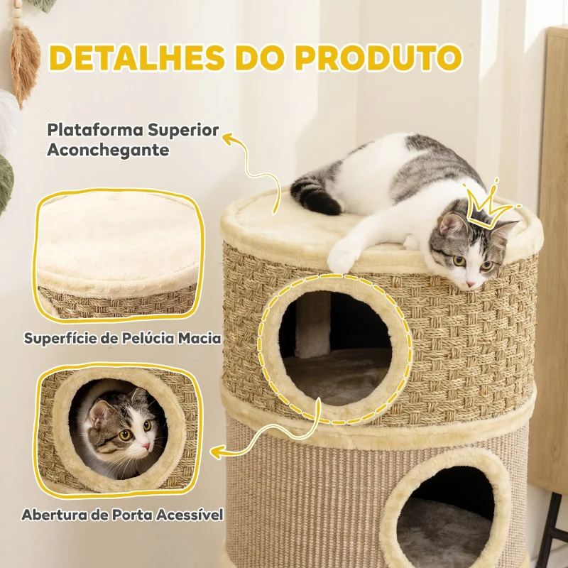 PawHut Barril Arranhador para Gatos 3 Níveis, 79 cm de Altura, com Cama e Revestimento em Sisal, Caqui e Castanho