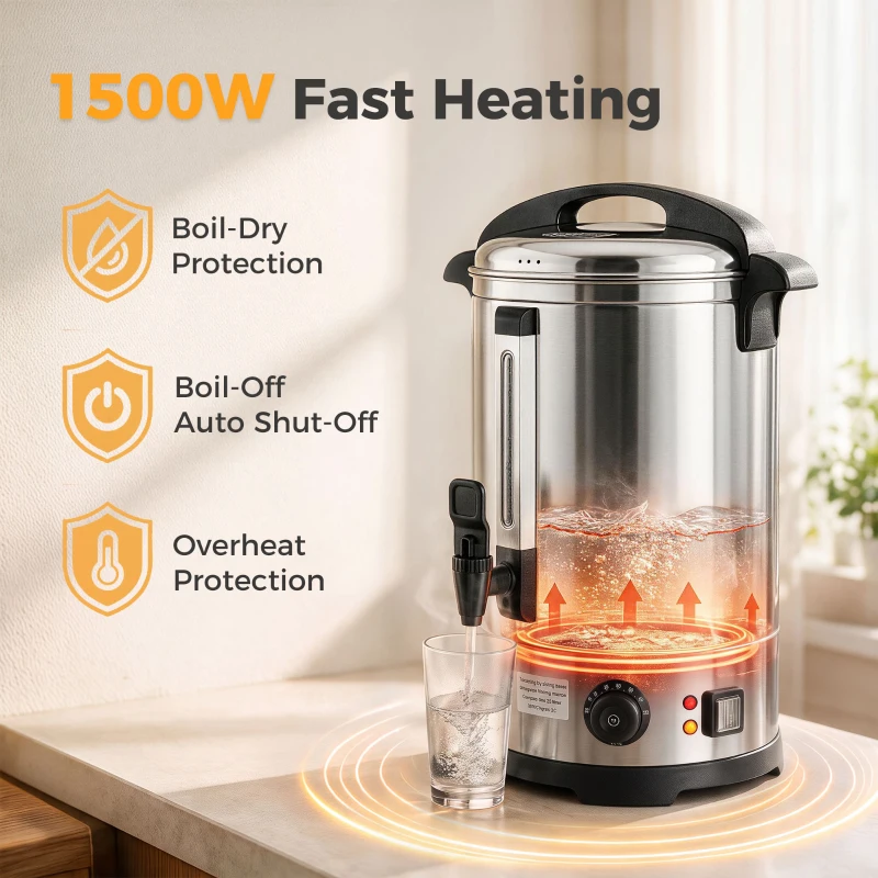 HOMCOM 6.5L Catering Urn, 1500W Stainless Steel Hot Water Boiler Dispenser with Thermostat, Keep Warm Function & Easy Pour Tap