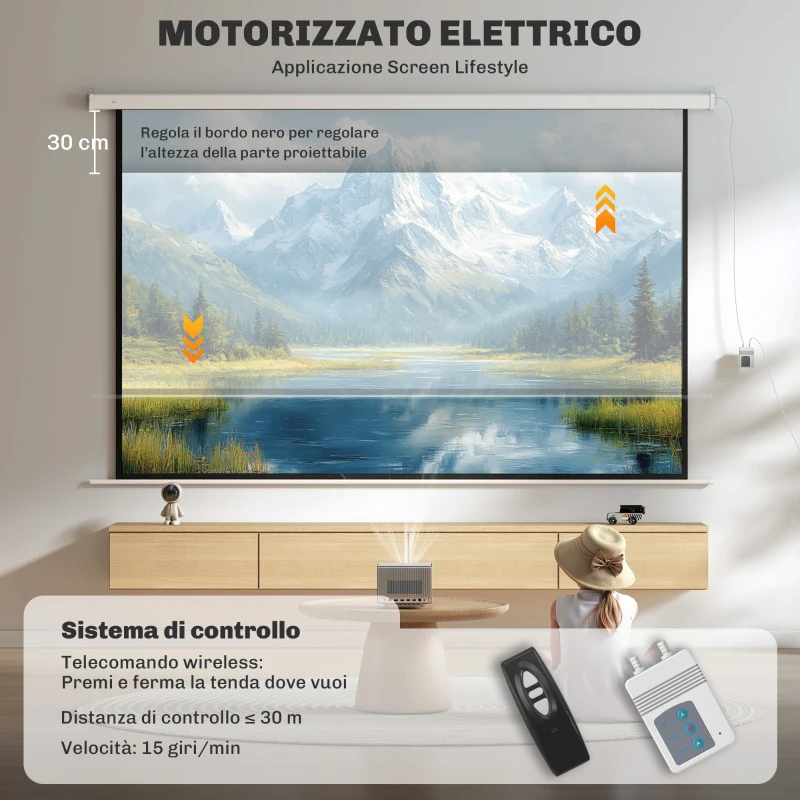 HOMCOM Telo per Proiettore 120 Pollici con Telecomando, in PVC e Metallo, 293x8x193 cm, Bianco