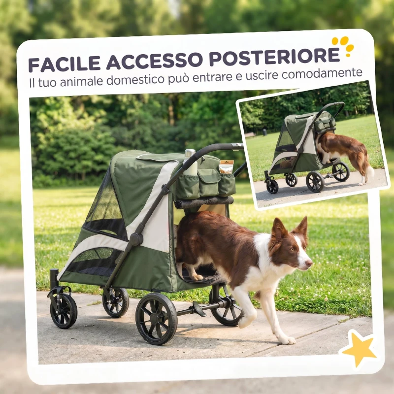 PawHut Passeggino per Cani Taglia Media Pieghevole con Finestre a Rete, Cuscino e Guinzagli, 124x67x100 cm, Verde Scuro