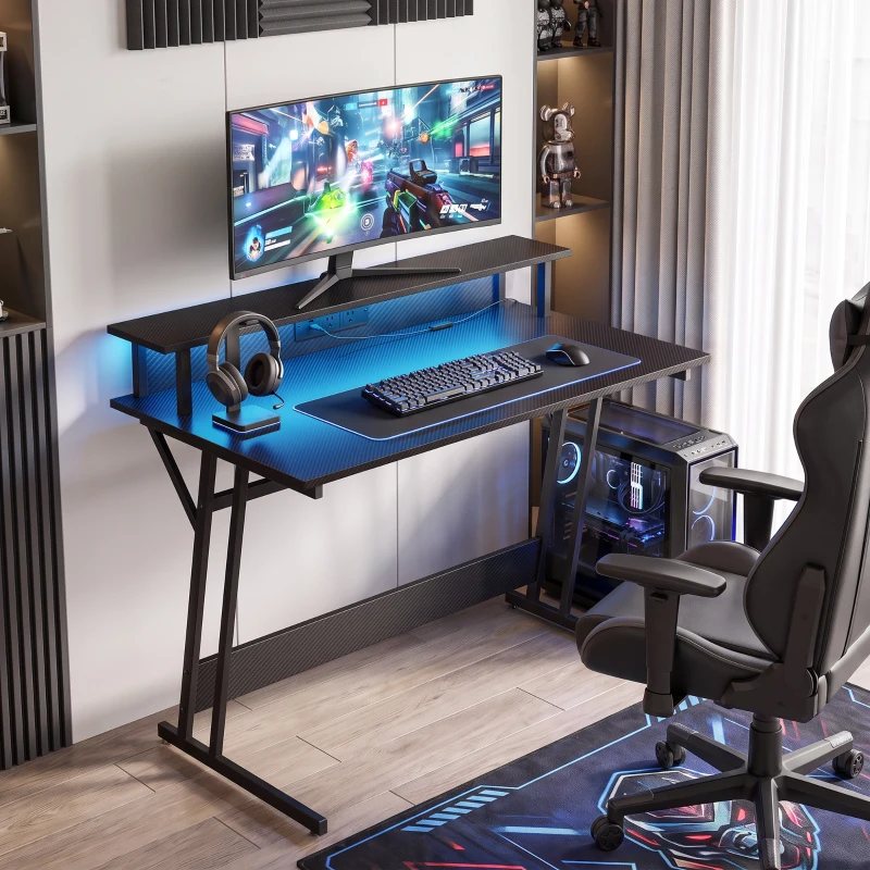 HOMCOM Two-Level LED Gaming Desk - Black