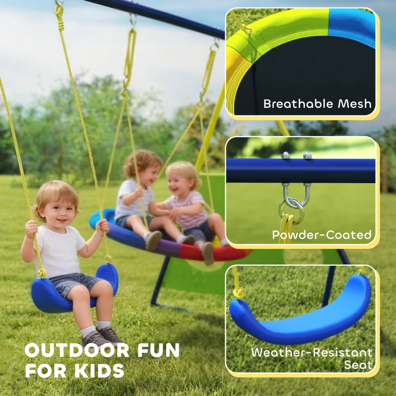 AIYAPLAY 4-in-1 Kids Swing Set with Saucer Swing, Basketball Hoop and Football Goal, Outdoor Playground Playset for Garden