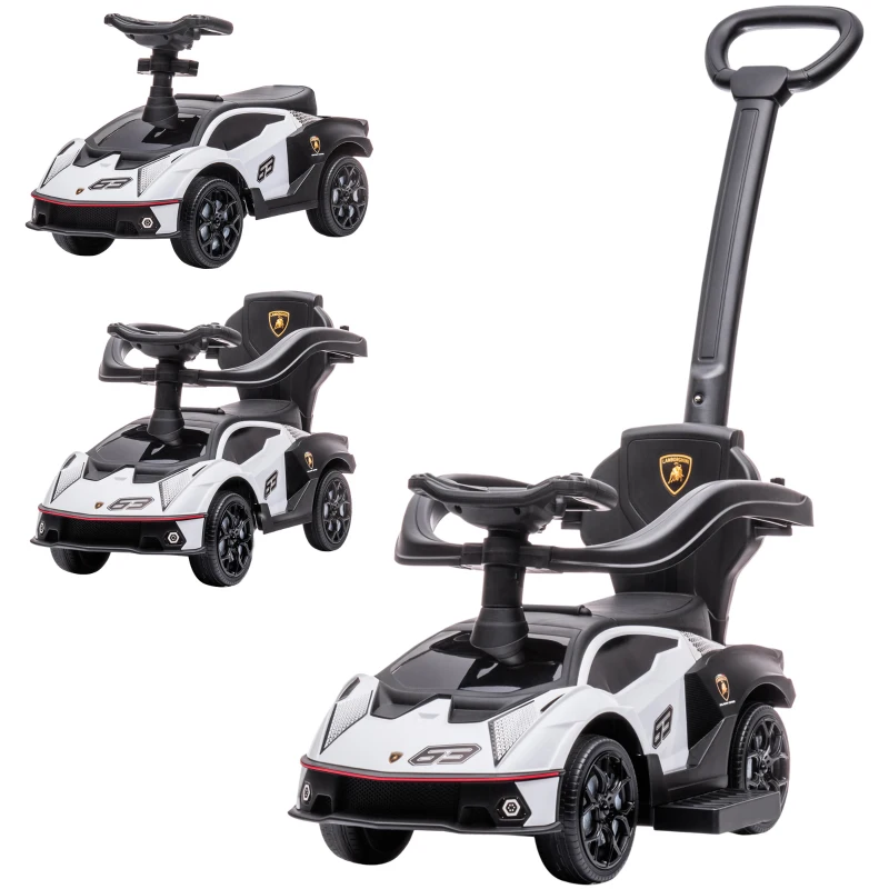 AIYAPLAY 2 en 1 Coche Correpasillos para Niños 12-36 Meses Lamborghini Essenza SCV12 Andador Empujador con Bocina Mango de Empuje y Barandilla Extraíbles 86,5x40x89,5 cm Blanco y Negro