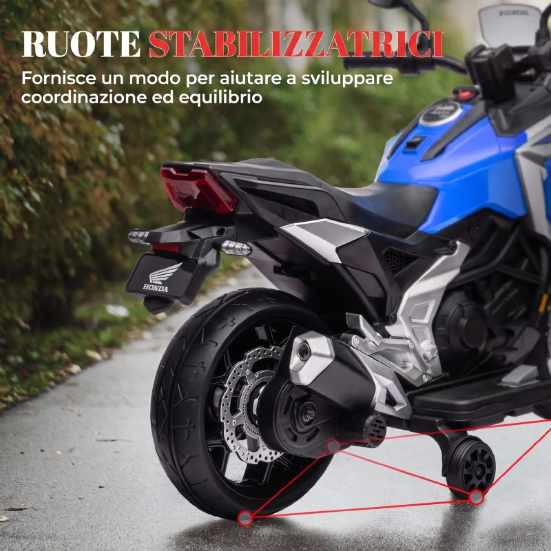 AIYAPLAY Moto Elettrica per Bambini 3-6 Anni Licenza Honda, 12V Doppi Motori, Rotelle, 3 km/h, Max 30kg, Blu