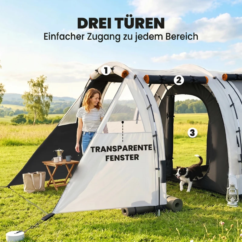 Outsunny Campingzelt für 3 Pers., abdunkelbare Fenster, wasserdicht, 180H x 460L x 230B cm, Khaki/Orange