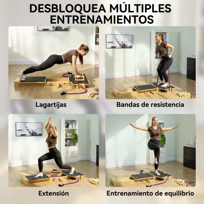 SPORTNOW Pilates Reformer Multifuncional con Bandas de Resistencia Asas para Casa Gimnasio Natural