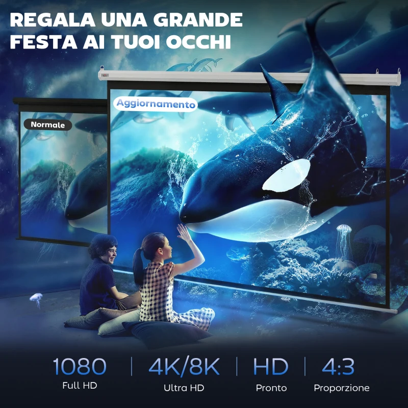 HOMCOM Telo Proiettore Motorizzato da 100 Pollici 4K HD Formato 4:3, Schermo Proiettore Motorizzato Elettrico Antirughe con Telecomando, Telo Videoproiettore per Casa, Cinema, Ufficio, Home, Bianco