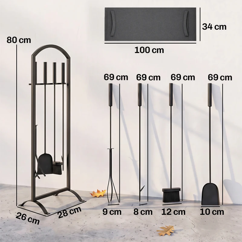 Outsunny 6-teiliges Metall-Kamin-Set mit Tasche, Bürste, Schaufel, Feuerhaken, Zange, Ständer, Schwarz