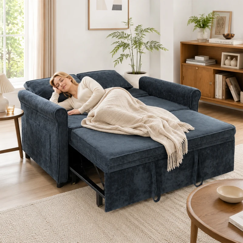 HOMCOM 2 Seater Sofa Bed 3-in-1 Convertible Chenille Pull Out Sleeper Sofa with 5-Position Adjustable Backrest, Dark Blue