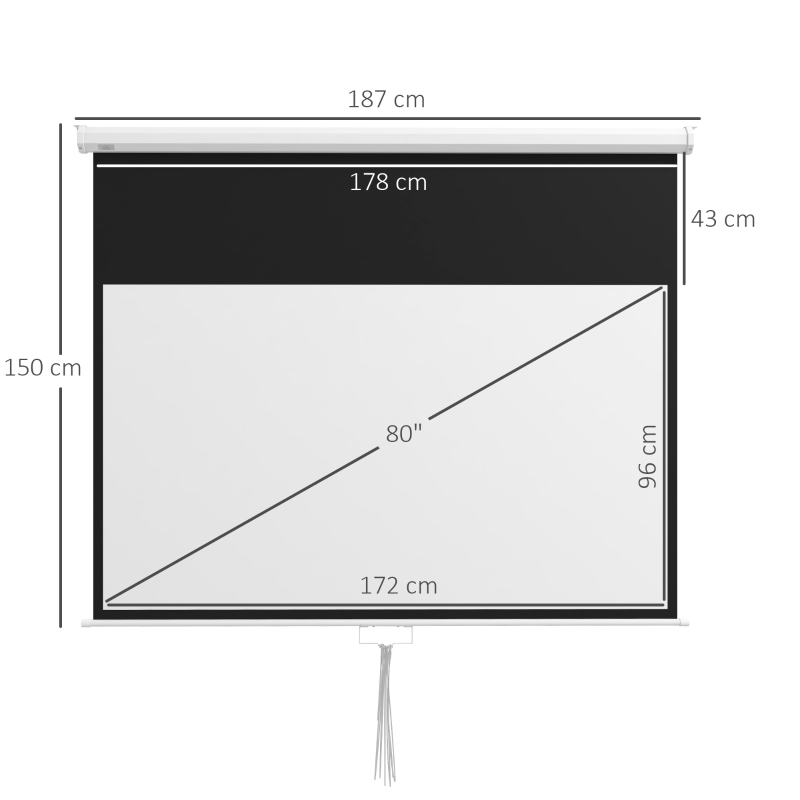 HOMCOM Ecran de Proiecție 80" 16:9 cu Frânghie de Reglare, din Plastic și Metal, 187x8x150 cm, Alb