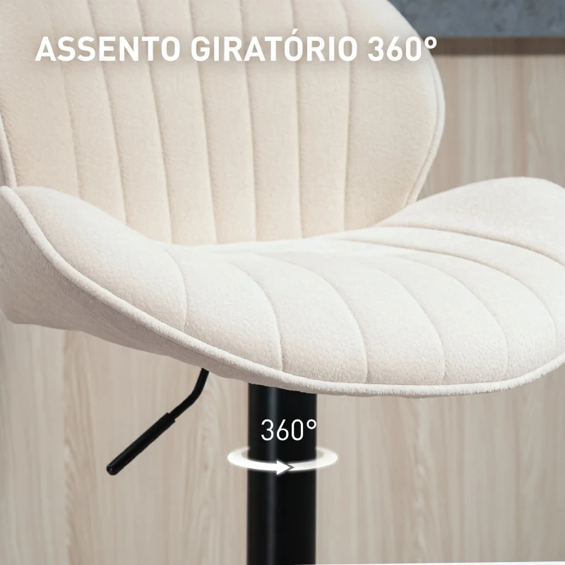HOMCOM Conjunto de 2 Bancos de Bar Giratórios com Altura Ajustável 62-83 cm, Revestidos em Chenille, com Encosto e Apoio para os Pés, Bege