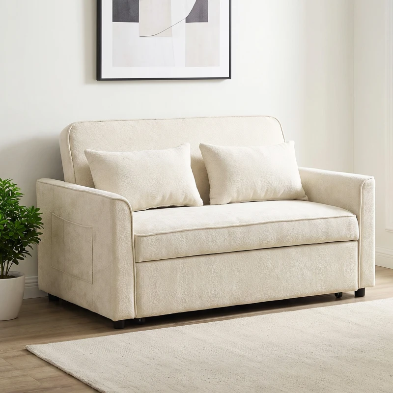 HOMCOM Sofá Cama 2 Plazas 3 en 1 de Chenilla 142 cm con Respaldo Ajustable y 2 Cojines Beige