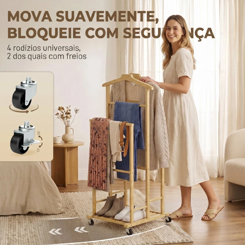 HOMCOM Galã de Noite em Bambu com Rodas, Cabides para Roupa, Suporte para Calças, Bandeja e Prateleira, Natural