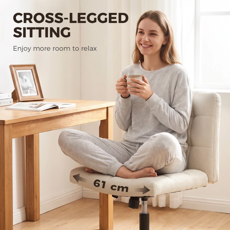 HOMCOM Armless Office Chair, Cross Legged Linen Computer Desk Vanity Chair with Wide Seat, Rocking Function, Beige