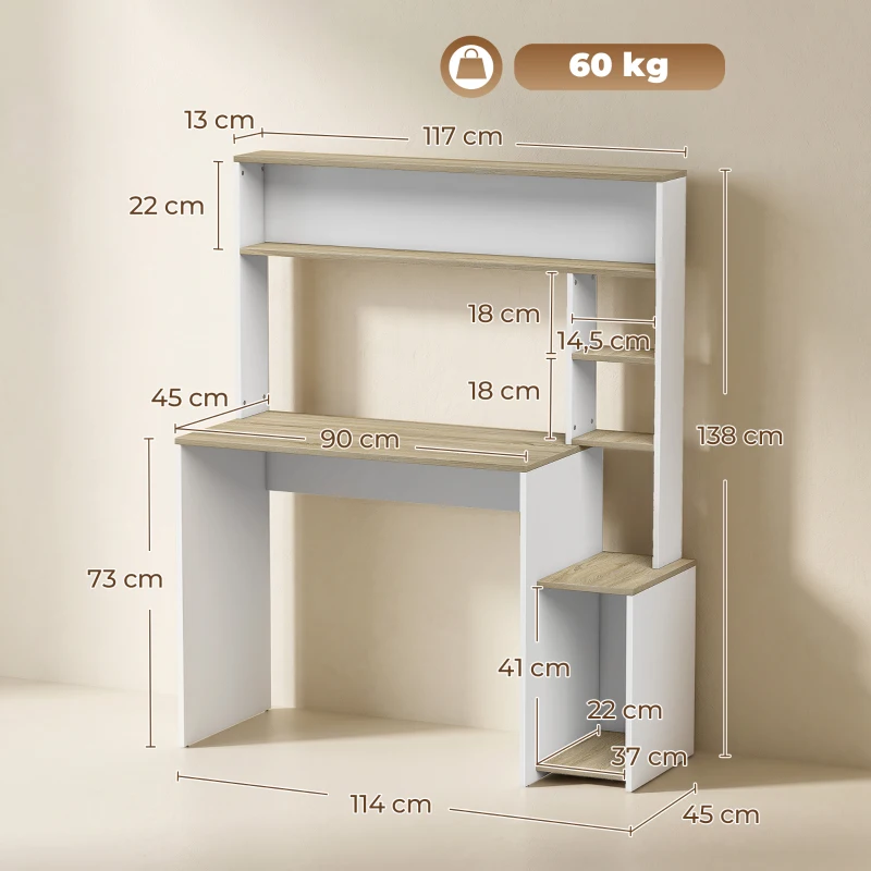 HOMCOM Mesa de Ordenador con Estantes Escritorio con Estanterías Soporte para Monitor CPU 114x45x138 cm Blanco y Natural