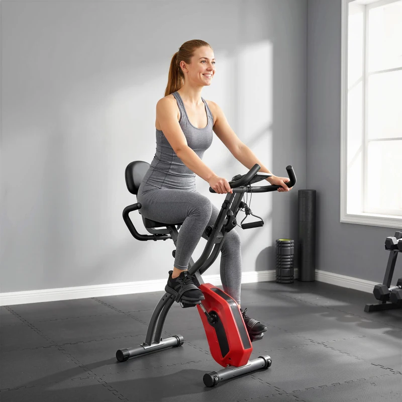 SPORTNOW 4-In-1 Folding Exercise Bike with Resistance Bands, Bluetooth App, 8-Level Magnetic Resistance, LCD Display, Red