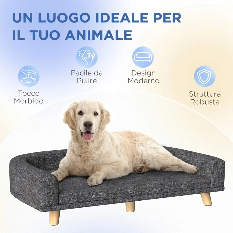 PawHut Divano per Cani di Taglia Grande con Cuscino Sfoderabile, in Poliestere e Legno, 98x67x25 cm, Grigio Scuro