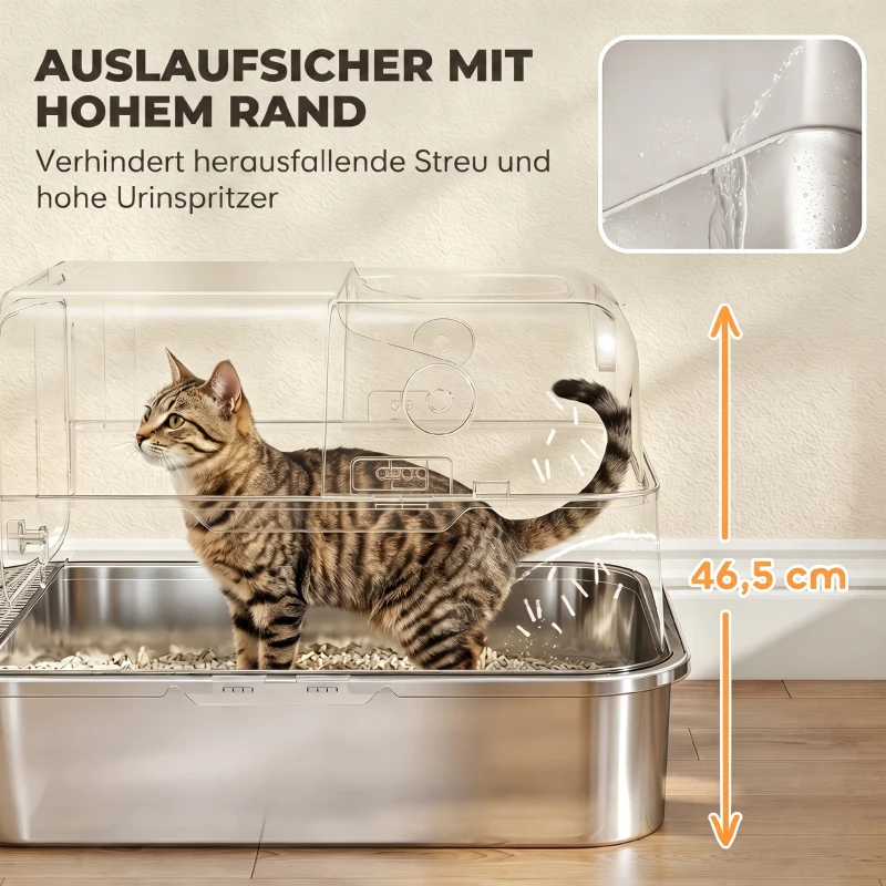 PawHut XXL Edelstahl-Katzentoilette mit Klappdeckel, Katzenklo mit Schaufel, für große Katzen bis zu 15 kg, leicht zu reinigen(m-5)