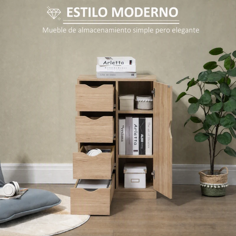 HOMCOM Armario de Salón Aparador Auxiliar con 4 Cajones 1 Puerta y Estante Interior Mueble de Almacenaje Multiusos para Baño Dormitorio Comedor 54x29x83 cm Roble