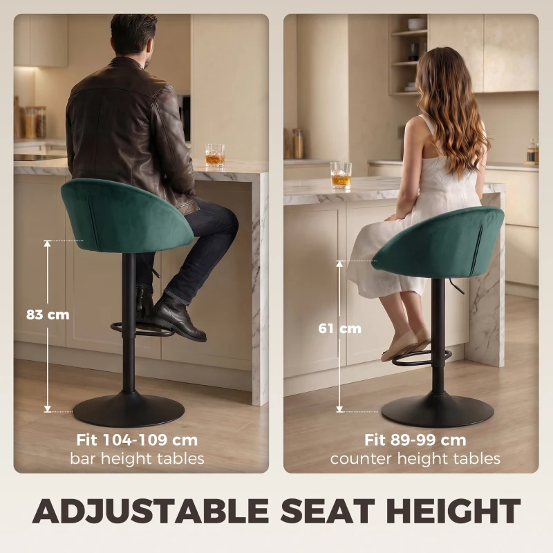 HOMCOM Bar Stools Set of 2 Adjustable Swivel Velvet Breakfast Bar Stools with Backrest, Dark Green